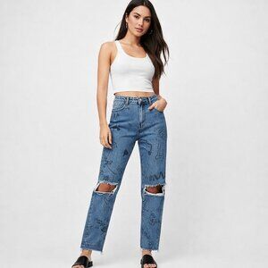 Zara Trafaluc High Waist Skinny Denim Jeans Doodle Print Distressed Blue Size 2